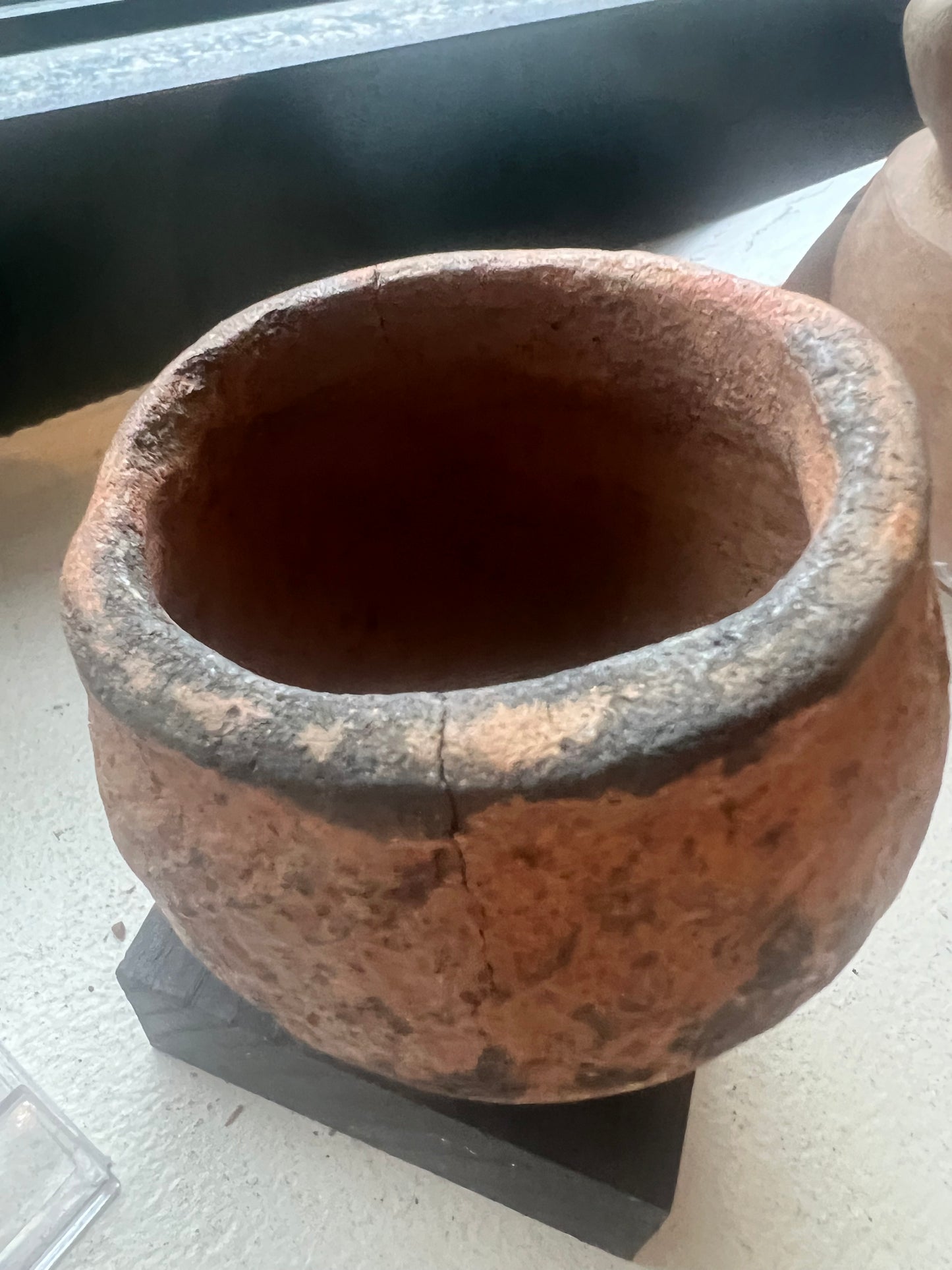 Pinch Pot, Carbon black proto pottery, red slip w/ rope impression