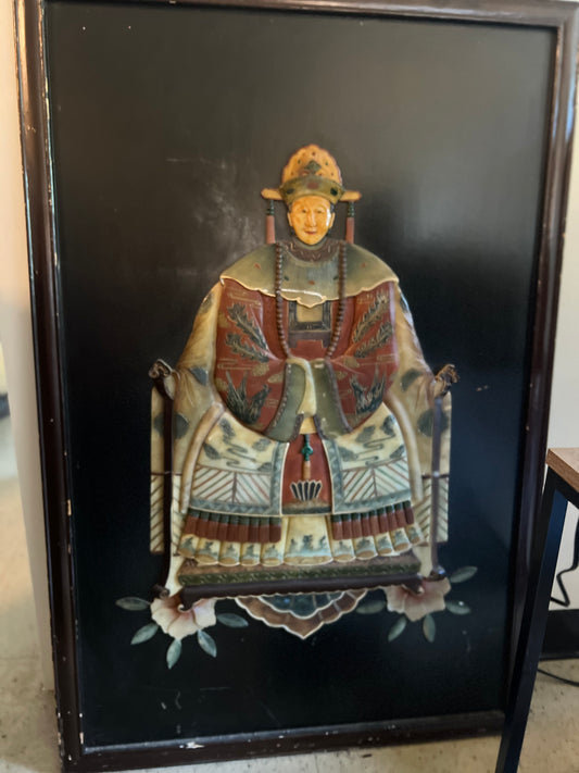 Qing Dynasty Period. Soap Stone and Jade on black lacquer, framed set