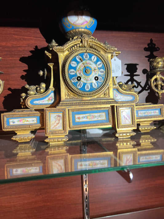 Gilded Clock w/  side pieces 19th
